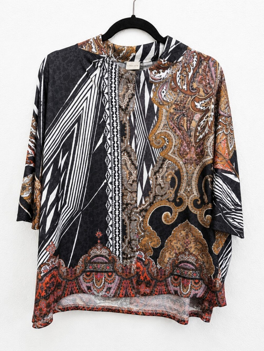 Chico's Size 2 Paisley Mixed Print Cowl Neck Top Boho Tunic Black Orange XL